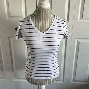 Tommy Hilfiger Women's V-Neck Striped Tee - White, Pink and Black